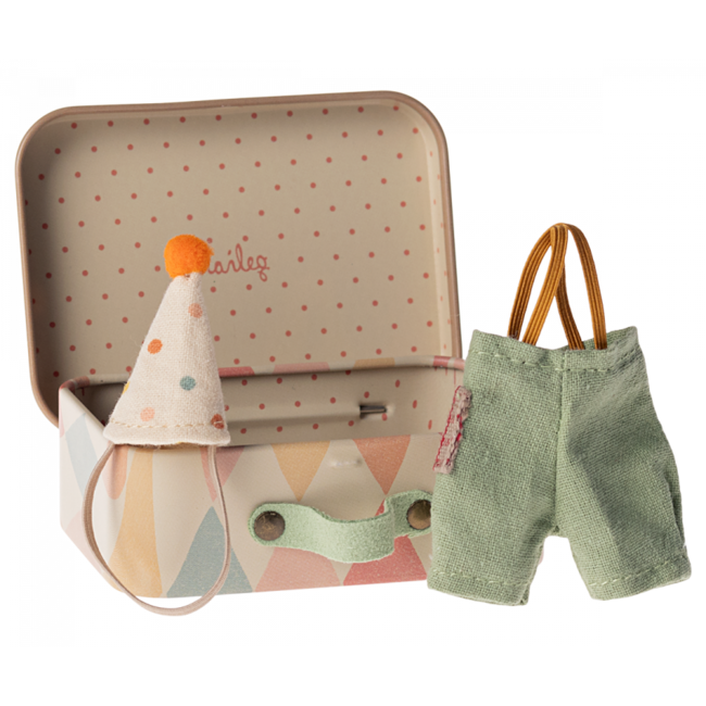 MAILEG TENUE POUR PETIT FRÈRE SOURIS CLOWN 10CM DANS SA MINI VALISE EN MÉTAL