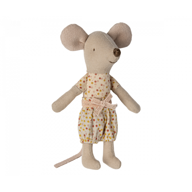 MAILEG PETITE SOEUR SOURIS MAILEG 10CM EN TENUE À POIS DANS SA BOITE D'ALLUMETTES