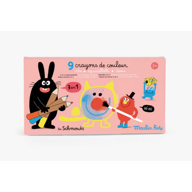 MOULIN ROTY 9 CRAYONS DE COULEUR 3 EN 1 - LES SCHMOUKS