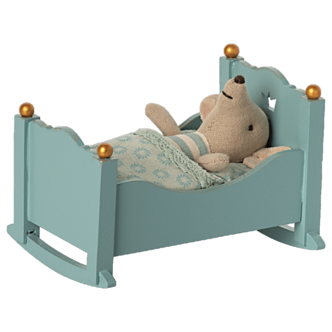 MAILEG LIT BERCEAU A BASCULE BOIS 10CM BLEU-POUR BEBE SOURIS