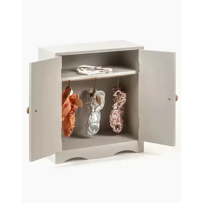 MINIKANE AMBROISE - ARMOIRE POUPÉE GRIS POUDRÉ & 3 CINTRES BOIS