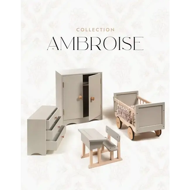 MINIKANE AMBROISE - ARMOIRE POUPÉE GRIS POUDRÉ & 3 CINTRES BOIS