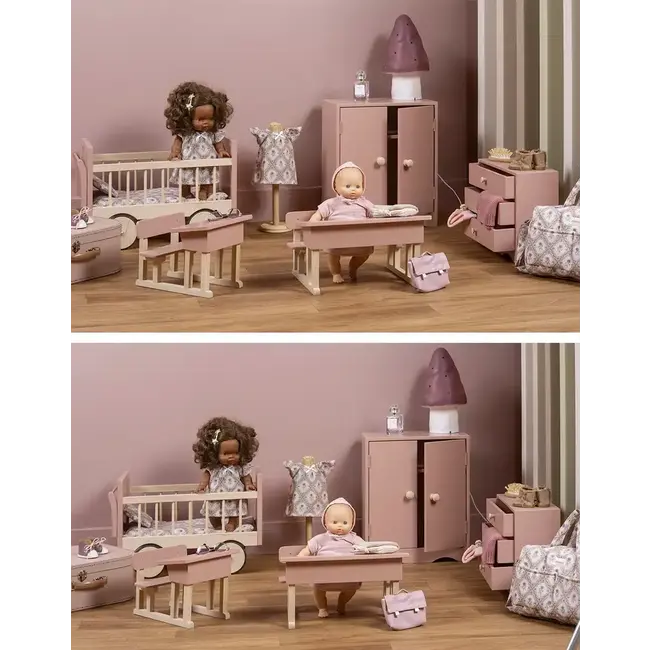 MINIKANE AMBROISE - ARMOIRE POUPÉE ROSE POUDRÉ & 3 CINTRES BOIS