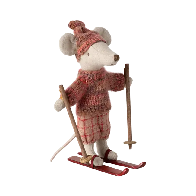 MAILEG GRANDE SOEUR SOURIS MAILEG 13CM - SKIEUR AVEC BONNET ROSE