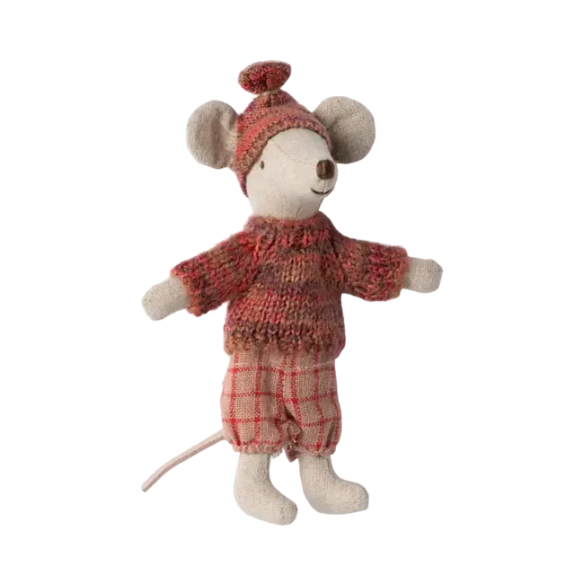 MAILEG GRANDE SOEUR SOURIS MAILEG 13CM - SKIEUR AVEC BONNET ROSE