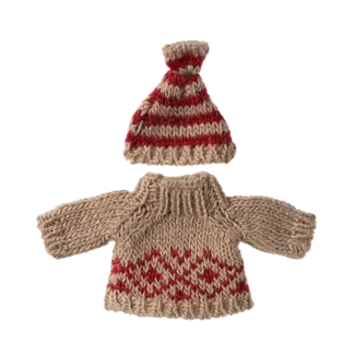 MAILEG PULL & BONNET TRICOT POUR PAPA & MAMAN SOURIS 15CM - ROUGE