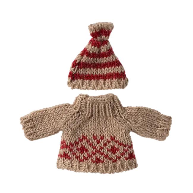 MAILEG PULL & BONNET TRICOT POUR PAPA & MAMAN SOURIS 15CM - ROUGE