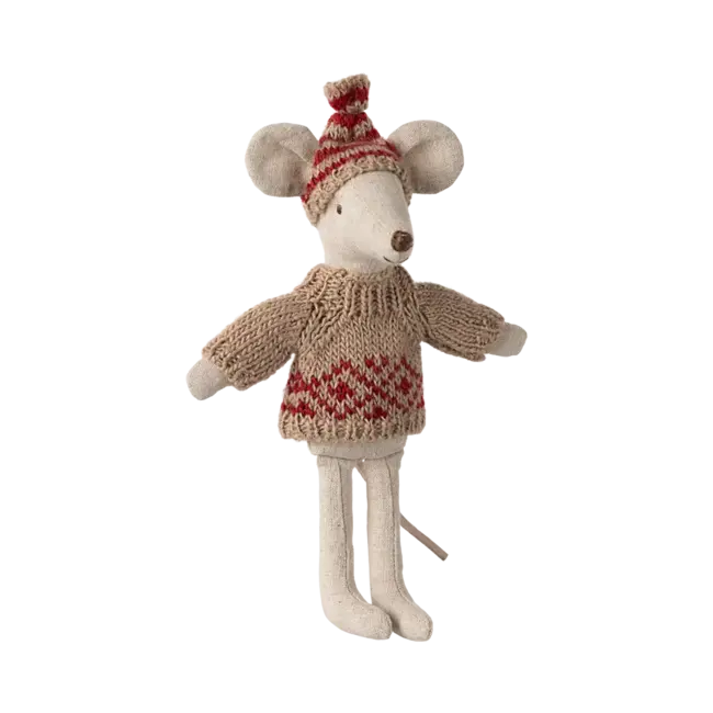 MAILEG PULL & BONNET TRICOT POUR PAPA & MAMAN SOURIS 15CM - ROUGE