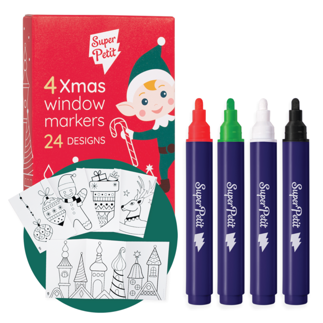 PACK 4 FEUTRES EFFAÇABLES POUR VITRES & 24 DESIGNS DE NOËL