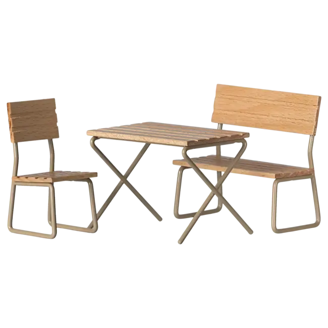 MAILEG SALON DE JARDIN SOURIS (TABLE, CHAISE, BANC) 9CM