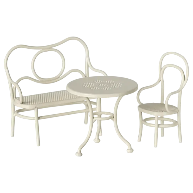 MAILEG TABLE BANC & CHAISE VINTAGE METAL BLANC POUR SOURIS
