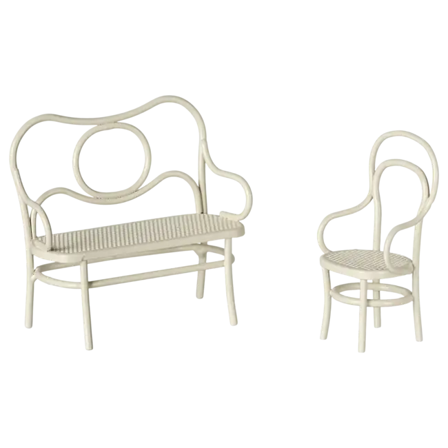 MAILEG TABLE BANC & CHAISE VINTAGE METAL BLANC POUR SOURIS