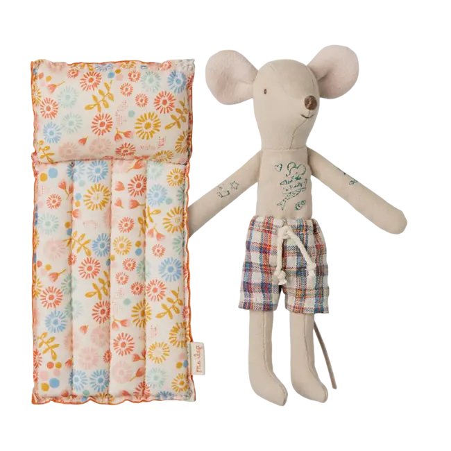 MAILEG PAPA SOURIS 15CM ET SON MATELAS DE PLAGE FLEURI