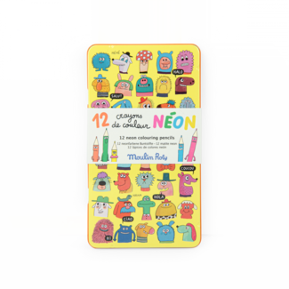 MOULIN ROTY 12 CRAYONS DE COULEUR NÉON BOITE MÉTAL - LES SCHMOUKS