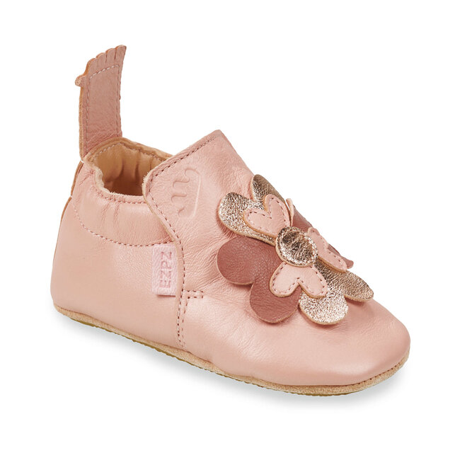 EASY PEASY CHAUSSON CUIR SOUPLE "BLUBLU" PÉTALE COEURS ROSE BABA