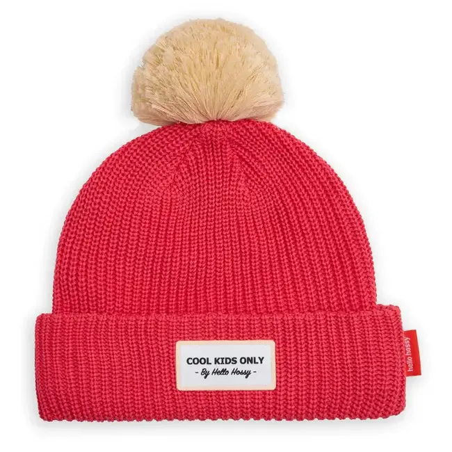 HELLO HOSSY BONNET ENFANT POMPON "BLOCK" FRAMBOISE