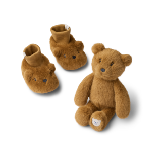 LIEWOOD COFFRET CADEAU DE NAISSANCE BASIM - PELUCHE & CHAUSSONS - OURS CARAMEL