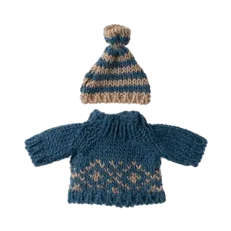 MAILEG PULL & BONNET TRICOT POUR PAPA & MAMAN SOURIS 15CM - BLEU