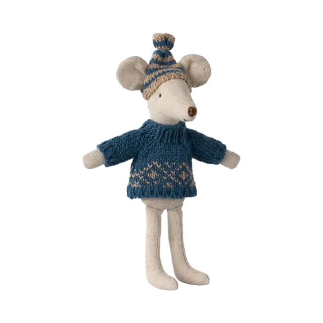 MAILEG PULL & BONNET TRICOT POUR PAPA & MAMAN SOURIS 15CM - BLEU