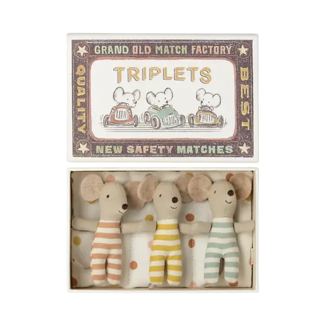 MAILEG BÉBÉS SOURIS 8CM - TRIPLES PYJAMA A RAYURES - DANS LEUR BOITE D'ALLUMETTE