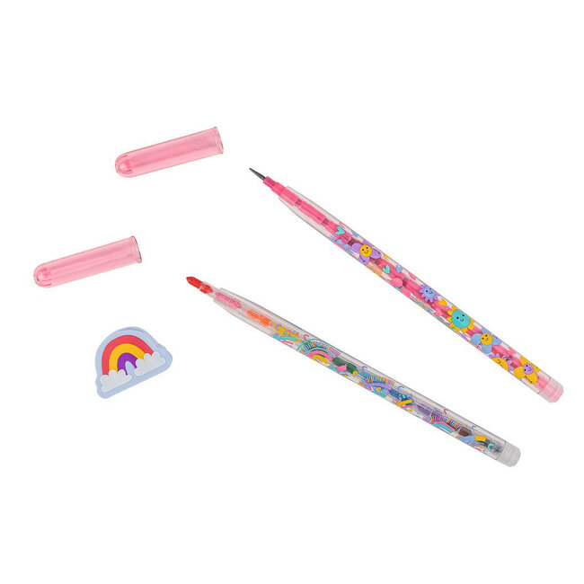2 X CRAYONS MINES EMPILABLES + GOMME - ARC-EN-CIEL