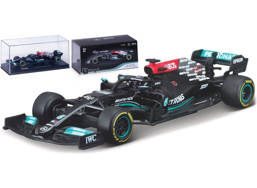 Bburago Mercedes Benz AMG F1 W12 EQ Lewis Hamilton Formule 1 seizoen 2021 modelauto met helm luxe verpakking schaalmodel 1:43 - Racing Store