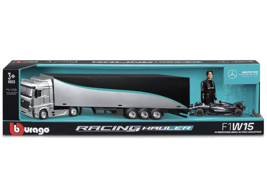 Burago Mercedes ACTROS CAB + Trailer + W15 E PERFORMANCE #63 Russel 2024