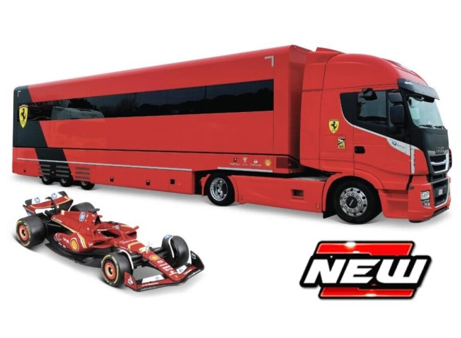 Burago Ferrari Iveco S-WAY 570 Racing transporter + Ferrari SF-23 #16 CHArLES LECLERC 2023