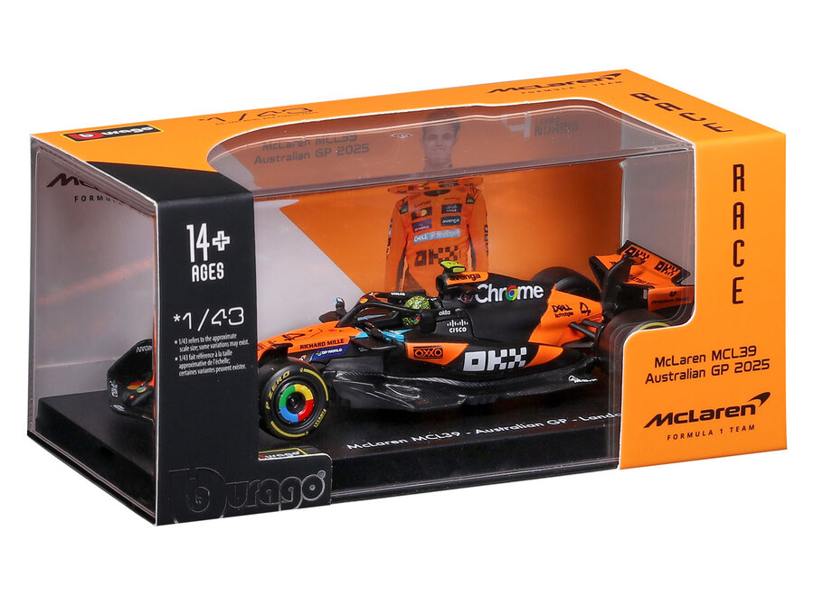 Lando Norris Mclaren MCL39 #4 Burago Seizoenscar met helm 2025 1:43