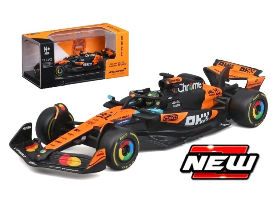 Oscar Piastri Mclaren MCL39 #81 Burago Seizoenscar met helm & display 2025 1:43