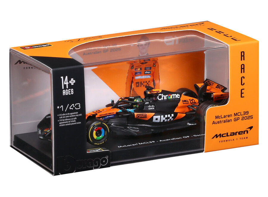 Oscar Piastri Mclaren MCL39 #81 Burago Seizoenscar met helm & display 2025 1:43
