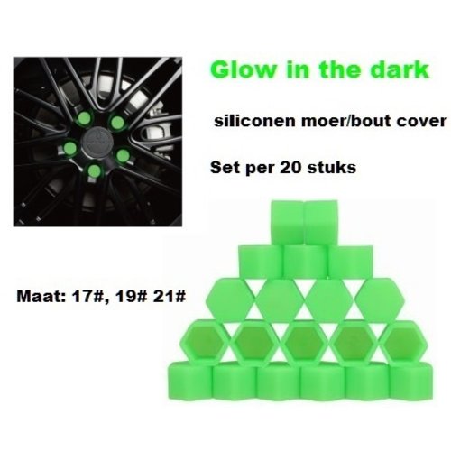 19# Wielmoer of bout siliconen cover Groen in ''Glow in the dark'' uitvoering 19# Wielmoer of bout siliconen cover Groen in ''Glow in the dark'' uitvoering