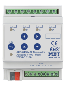 MDT 4 voudige Stuureenheid 1-10V AKD  4TE Din rail met RGBW functionaliteit