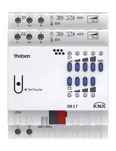 Theben DM 2 T KNX – Attuatore dimmer 2×400 W (R, L, C) per LED/alogena