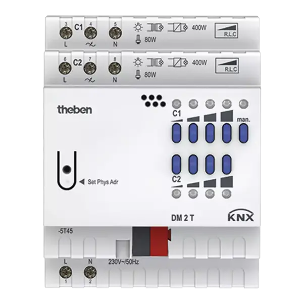 Theben DM 2 T KNX – Gradateur 2 canaux 2×400 W (R, L, C) LED/halogène