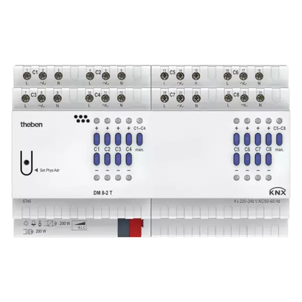 Theben DM 8-2 T KNX – Dimmer 8 canais FIX2, 200 W/canal (R, L, C)