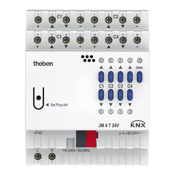 Theben JM 4 T 24V KNX – 4-Kanal Jalousieaktor FIX1, 6 A 24 V DC, SELV