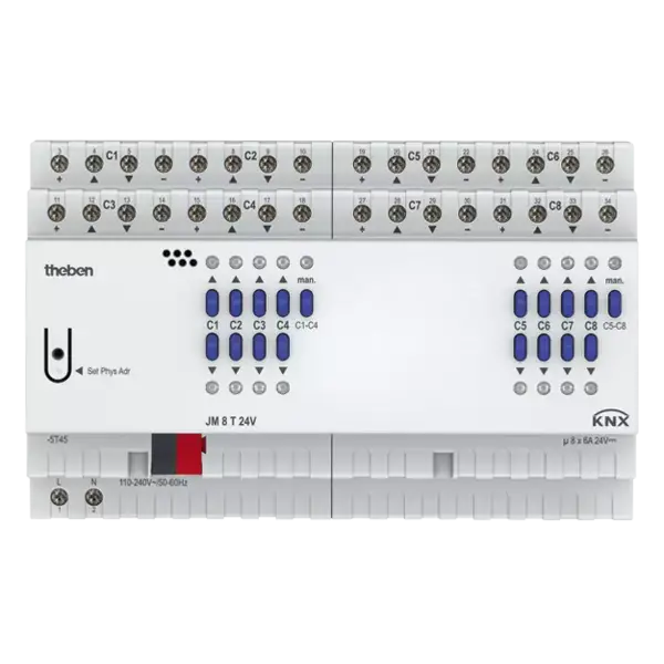 Theben JM 8 T 24V KNX – 8-channel shutter actuator FIX2, 6 A at 24 V DC, SELV