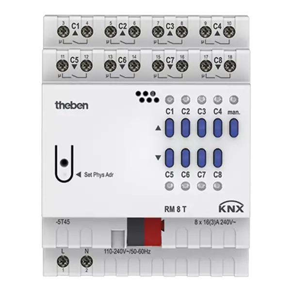 Theben RM 8 T KNX – 4-voudige jaloezie-/8-voudige schakelactor, FIX1