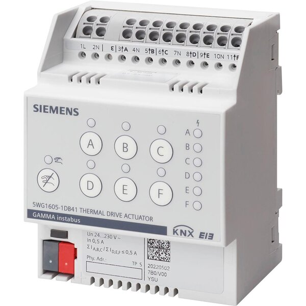 Siemens 5WG1605-1DB41 KNX thermal drive actuator | 6-fold, AC 24–230V, with 6 integrated room temperature controllers