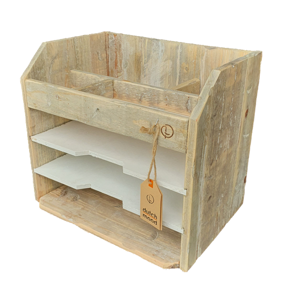 deskorganiser van verweerd en vergrijsd hout, home office item Dutch Mood
