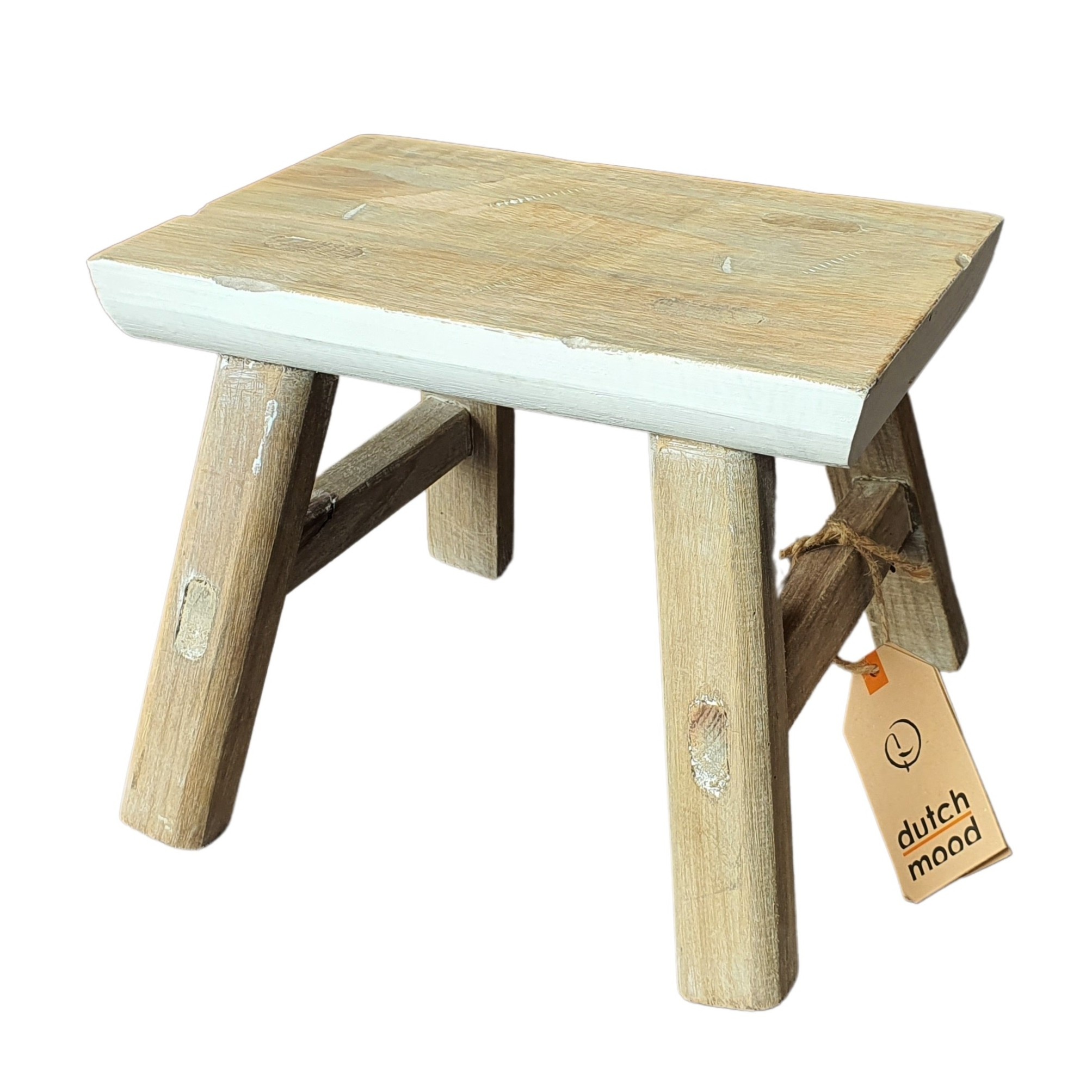 klein stevig houten krukje met witte rand Dutch Mood