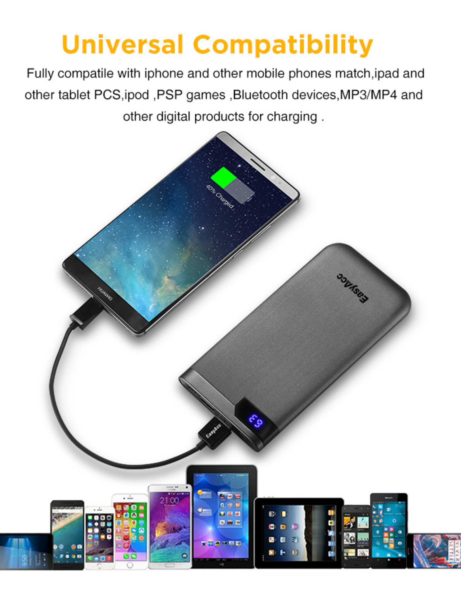 EasyAcc 10.000 mAh Quick Charge Powerbank met Display