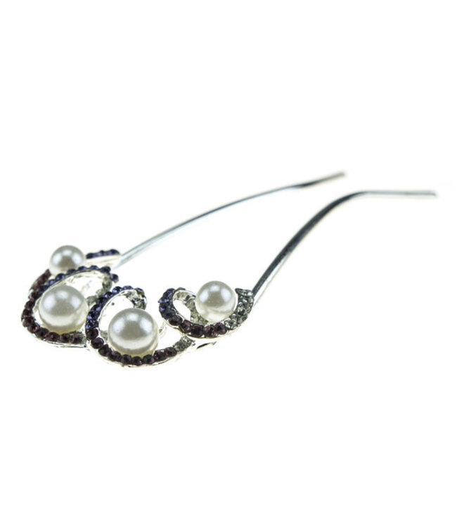 Haarkam zilverkleurig strass parel paars