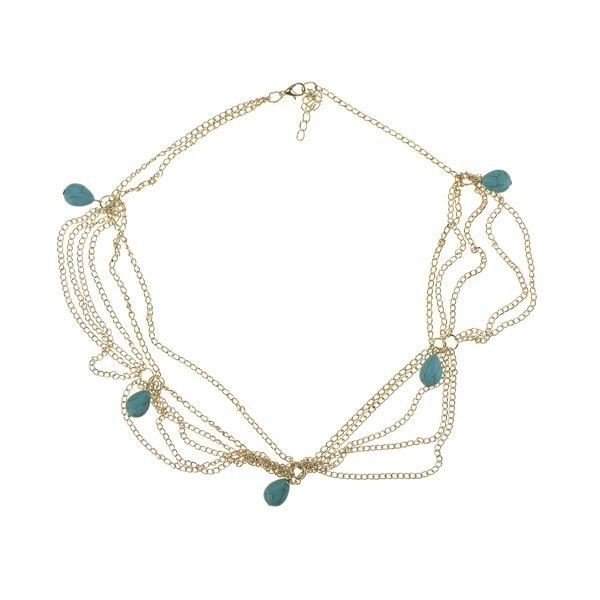 Haarketting goudkleurig aqua kleur stenen