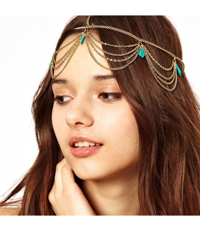 Haarketting goudkleurig aqua kleur stenen