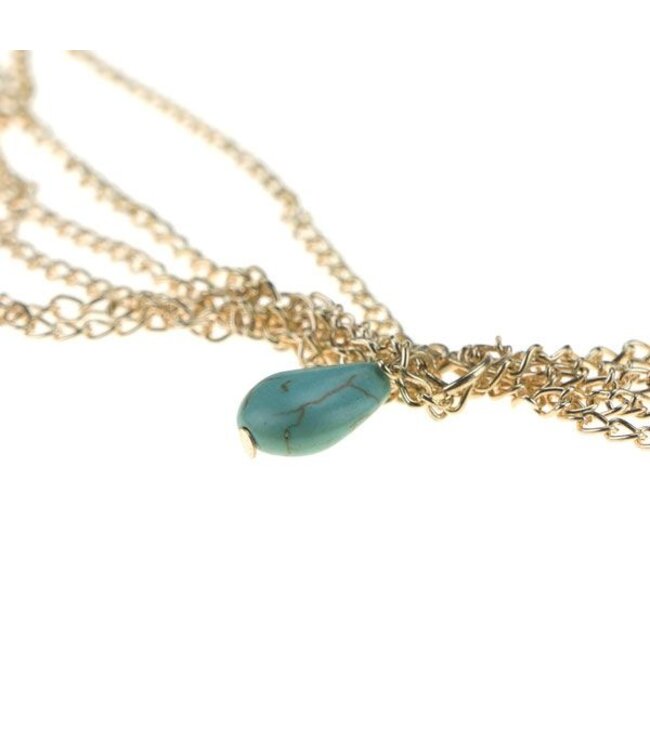 Haarketting goudkleurig aqua kleur stenen