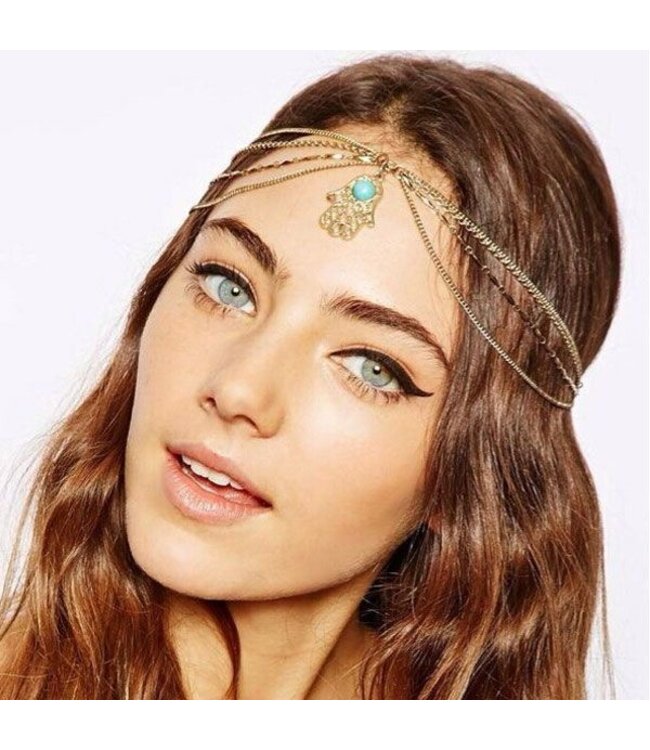 Haarketting goudkleurig steen kleur aqua hand