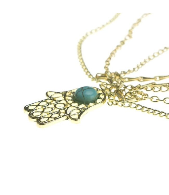 Haarketting goudkleurig steen kleur aqua hand