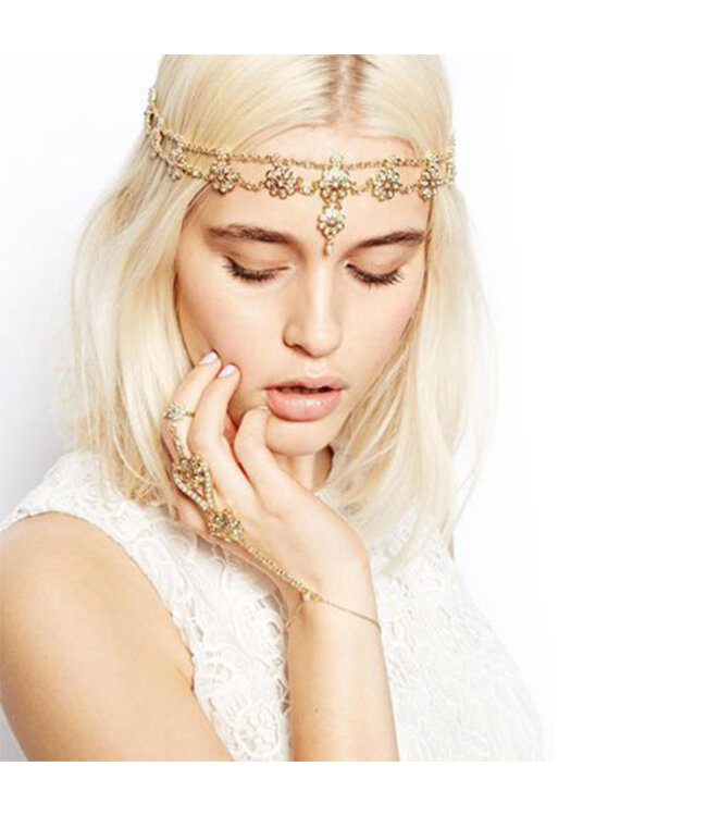 Haarketting goudkleurig strass crème bloemen